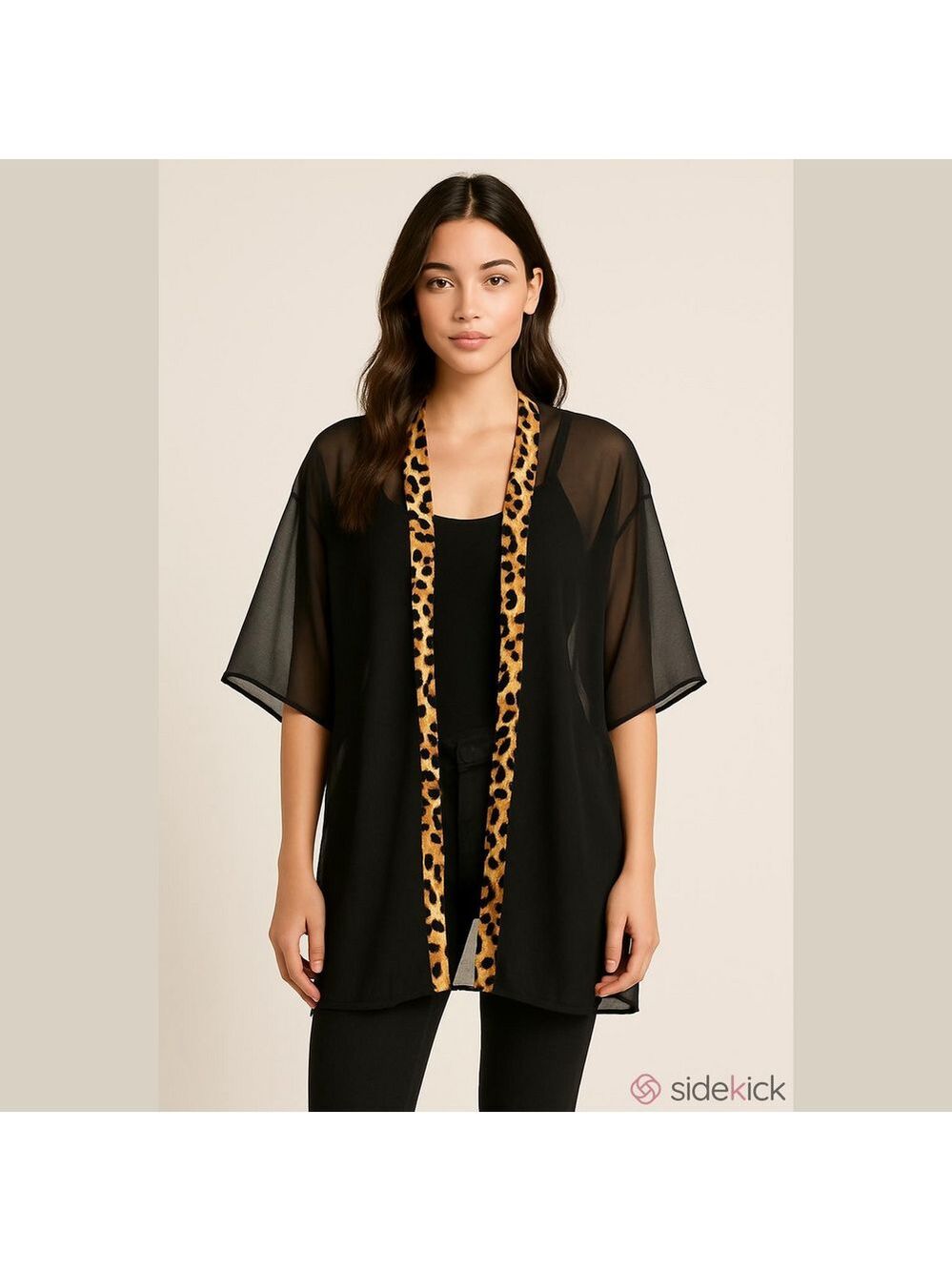 Sheer black kimono / open-front cover-up with leopard print trim